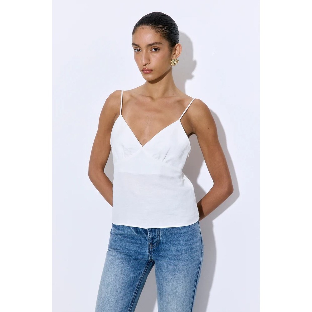 DE ROCOCO Linen Blend Camisole V-Neck Adjustable Strap White Size S